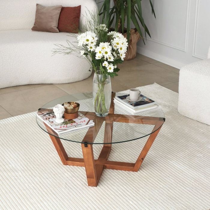 Hanah Home Mesa de Centro Lotus con Cristal Templado y Madera Hanah Home Mesa de Centro Lotus con Cristal Templado y Madera